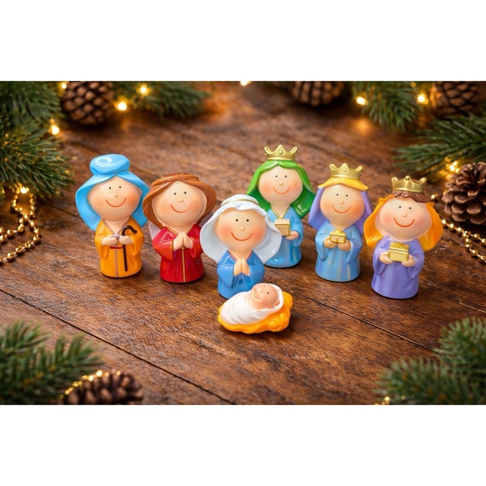 Children Portrayed Nativity Set 7 Pieces Holy‎ Family Angel 3 Wise Men Unmarked